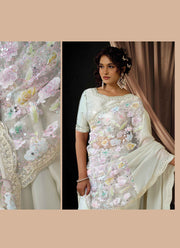 White Color Satin Silk Trendy Saree with Beads, Embroidered and Sequins Work